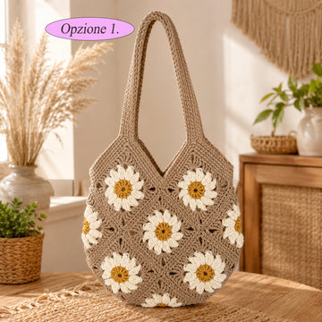 Bolso tote de flores de ganchillo hecho a mano, bolso de hombro de cuadrados de abuela, monedero sonriente de margaritas y girasoles, regalo bohemio para ella