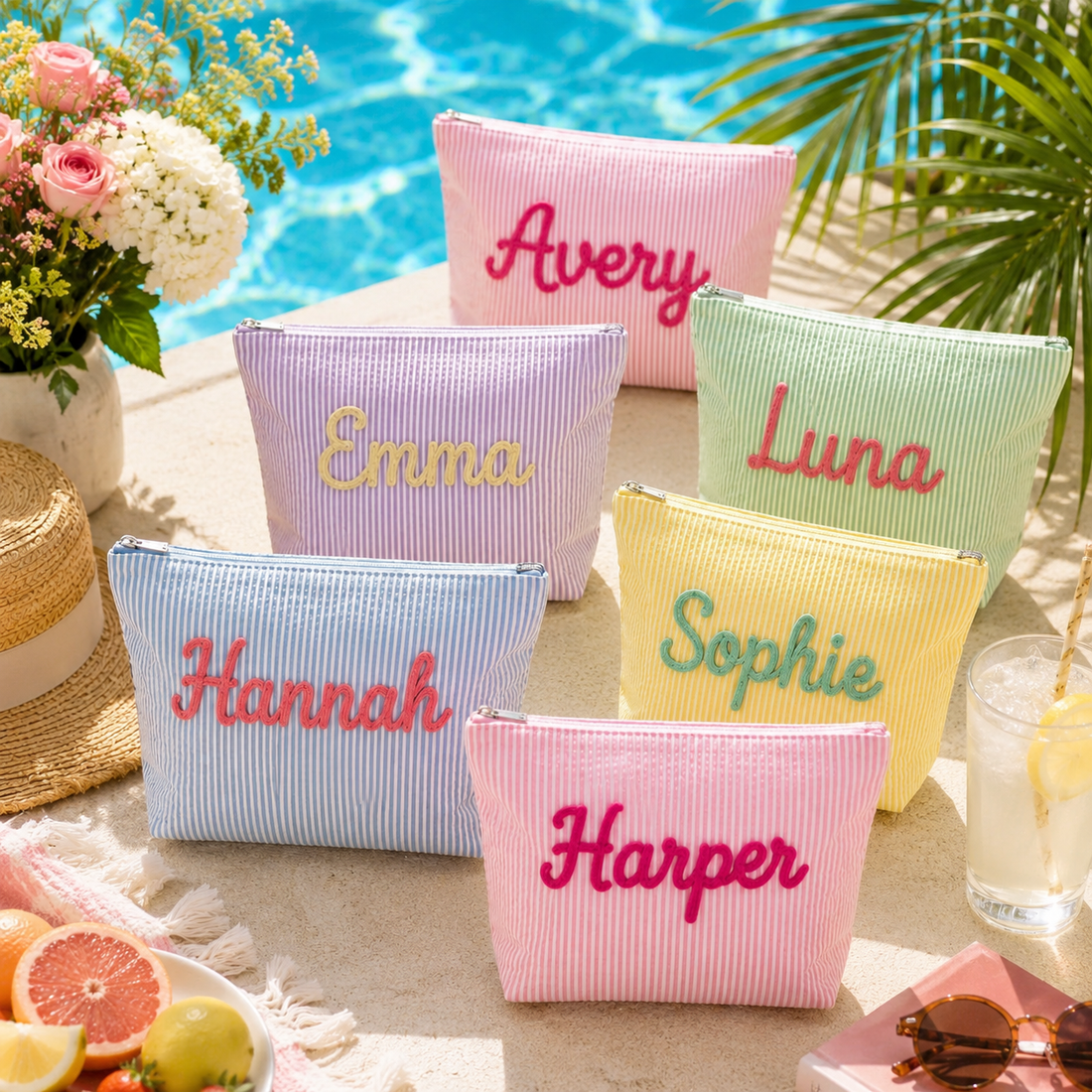 Personalized Seersucker Cosmetic Bag, Custom Name Makeup Pouch, Embroidered Toiletry Bag, Bridesmaid Gift, Travel Organizer for Women