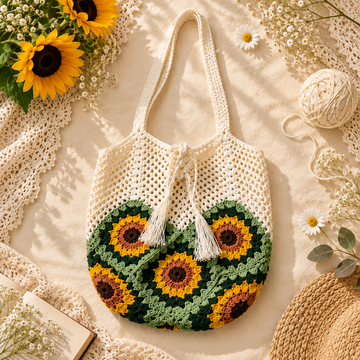 Handmade Crochet Flower Bag, Floral Granny Square Tote Bag, Sunflower Daisy Cherry Shoulder Bag, Unique Handmade Gift for Her