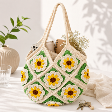 Handgehäkelte Sonnenblumen-Tragetasche, florale Granny-Square-Schultertasche, Boho-Sommertasche, Tasche mit Häkelblumen, Geschenk für sie