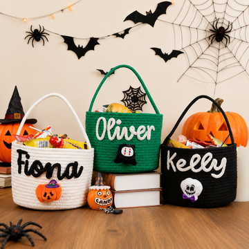 Personalized Halloween Trick or Treat Basket, Custom Name Cotton Rope Candy Bag, Pumpkin Ghost Cat Basket for Kids