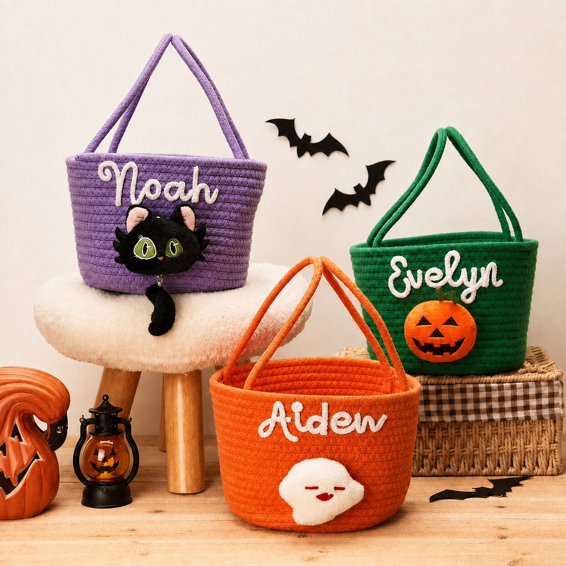 Personalized Halloween Trick or Treat Basket, Custom Name Cotton Rope Candy Bag, Pumpkin Ghost Cat Basket for Kids