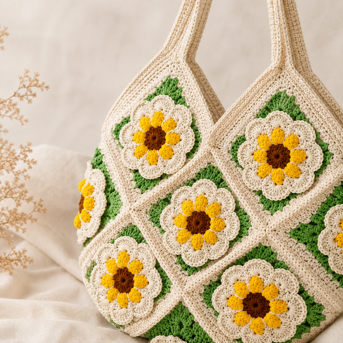 Handgehäkelte Sonnenblumen-Tragetasche, florale Granny-Square-Schultertasche, Boho-Sommertasche, Tasche mit Häkelblumen, Geschenk für sie