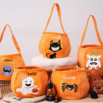 Personalized Halloween Trick or Treat Bag, Custom Name Candy Basket, Ghost Bat Cat Spider & Monster Design for Kids