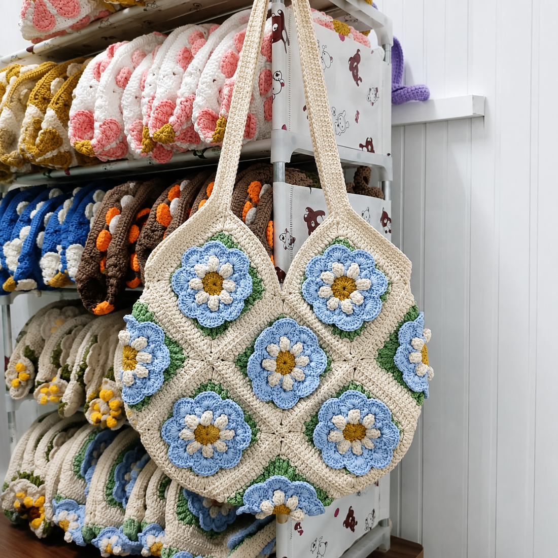 Handgehäkelte Blumentasche, Granny-Square-Tasche mit Gänseblümchen und Sonnenblumen, Boho-Schultertasche, einzigartiges handgefertigtes Geschenk für sie