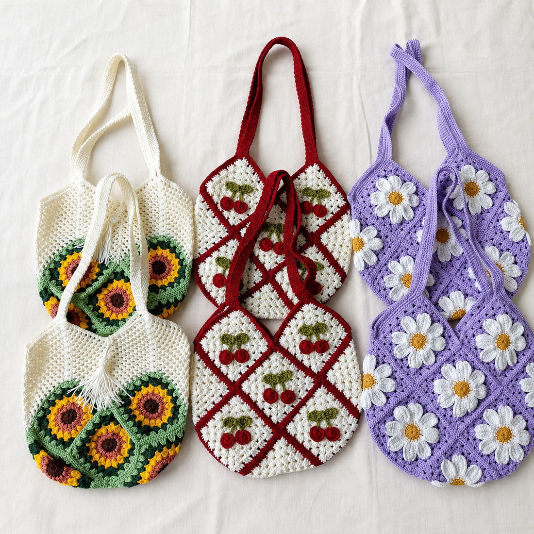 Handgehäkelte Blumentasche, florale Granny-Square-Tragetasche, Schultertasche mit Sonnenblume, Gänseblümchen und Kirsche, einzigartiges handgefertigtes Geschenk für sie