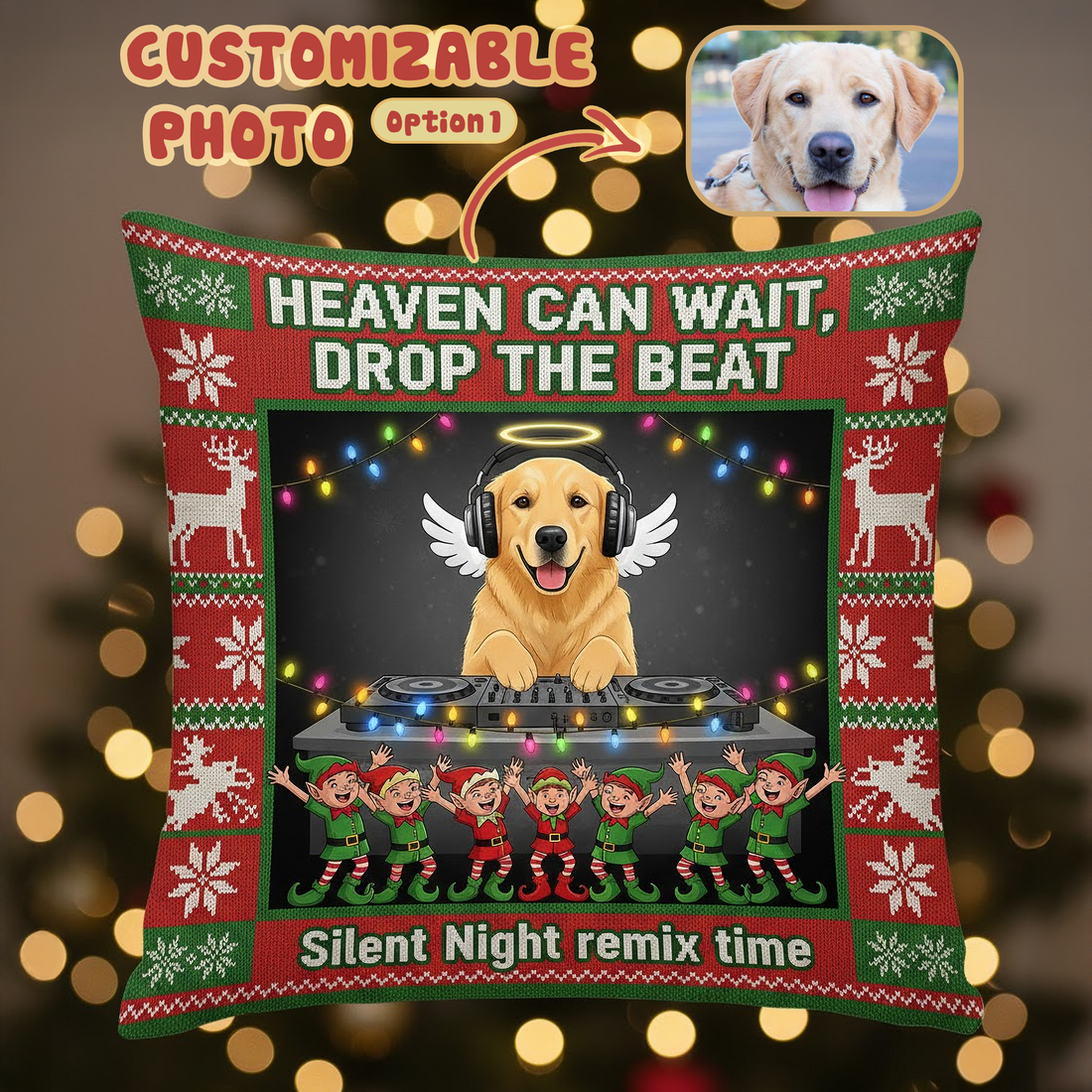 Personalized Pet Christmas Pillow – Funny Dog DJ “Silent Night Remix” Custom Photo Cushion, Cute Holiday Gift, Pet Lover Decor | Pillow 91