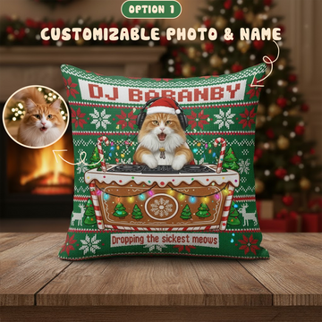 Custom Pet DJ Pillow Set, Personalized Cat Dog Christmas Cushion, Funny Holiday Decor, Custom Name Photo Gift, Linen Pillow Combo | Pillow 89