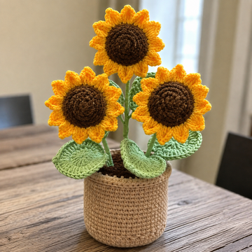 Handgehäkelte Sonnenblume im Topf, farbenfrohe Häkelblume, inspirierende Schreibtischdekoration, Geschenk mit Affirmation, niedlicher handgefertigter Blumentopf