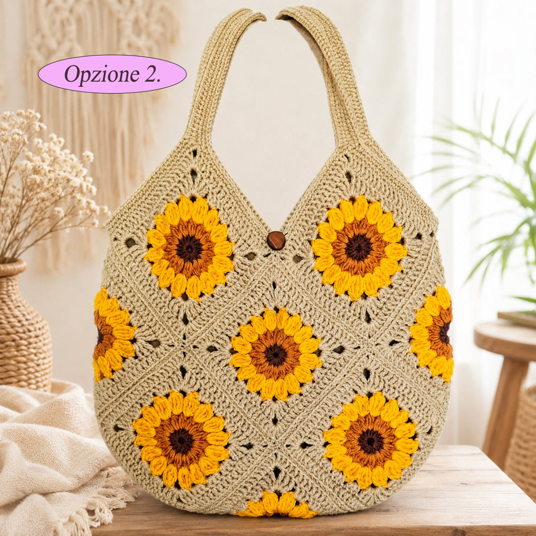 Handmade Crochet Flower Tote Bag, Granny Square Shoulder Bag, Daisy Sunflower Smiley Purse, Boho Gift for Her