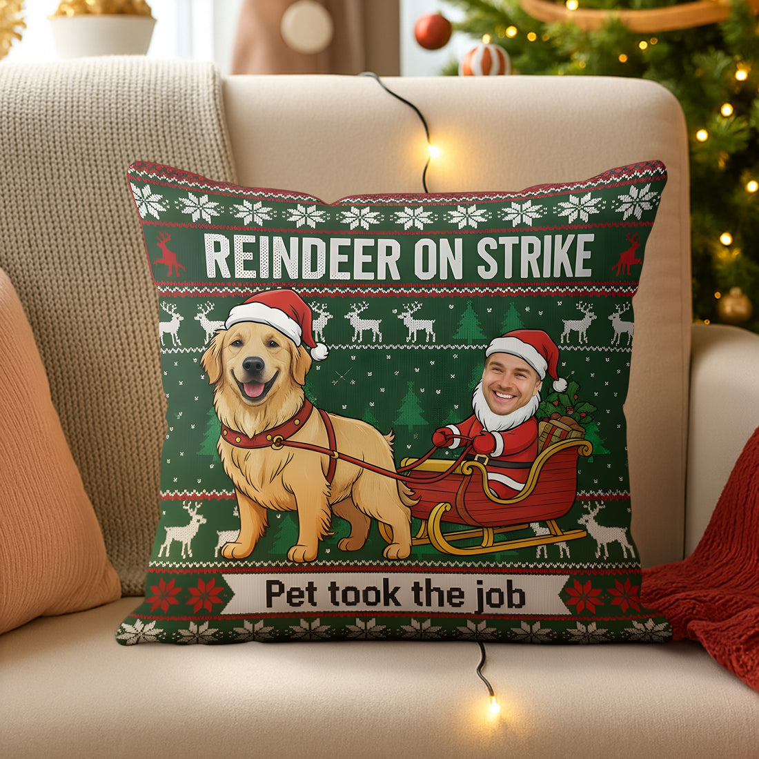 Funny Custom Pet Christmas Pillow – “Reindeer on Strike” Personalized Pet & Owner Cushion, Custom Face Holiday Gift, Xmas Decor | Pillow 44