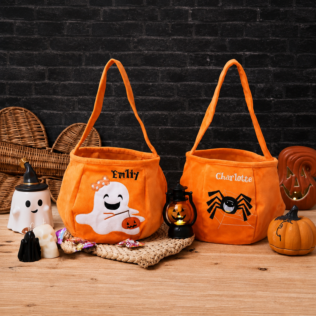Personalized Halloween Trick or Treat Bag, Custom Name Candy Basket, Ghost Bat Cat Spider & Monster Design for Kids