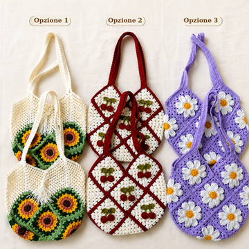 Handgehäkelte Blumentasche, florale Granny-Square-Tragetasche, Schultertasche mit Sonnenblume, Gänseblümchen und Kirsche, einzigartiges handgefertigtes Geschenk für sie