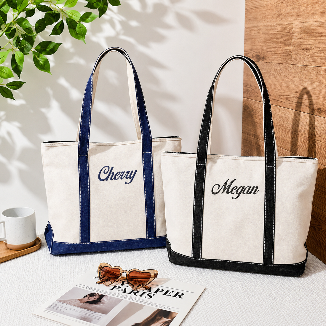 "Personalized Canvas Tote Bag, Custom Name Embroidered Bag, Bridesmaid Tote, Large Wedding Party Gift, Monogram Travel Bag for Women "