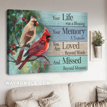 Watercolor cardinal, Cranberry tree, Nature artwork, Your life was a blessing - Heaven Landscape Canvas Prints, Wall Art