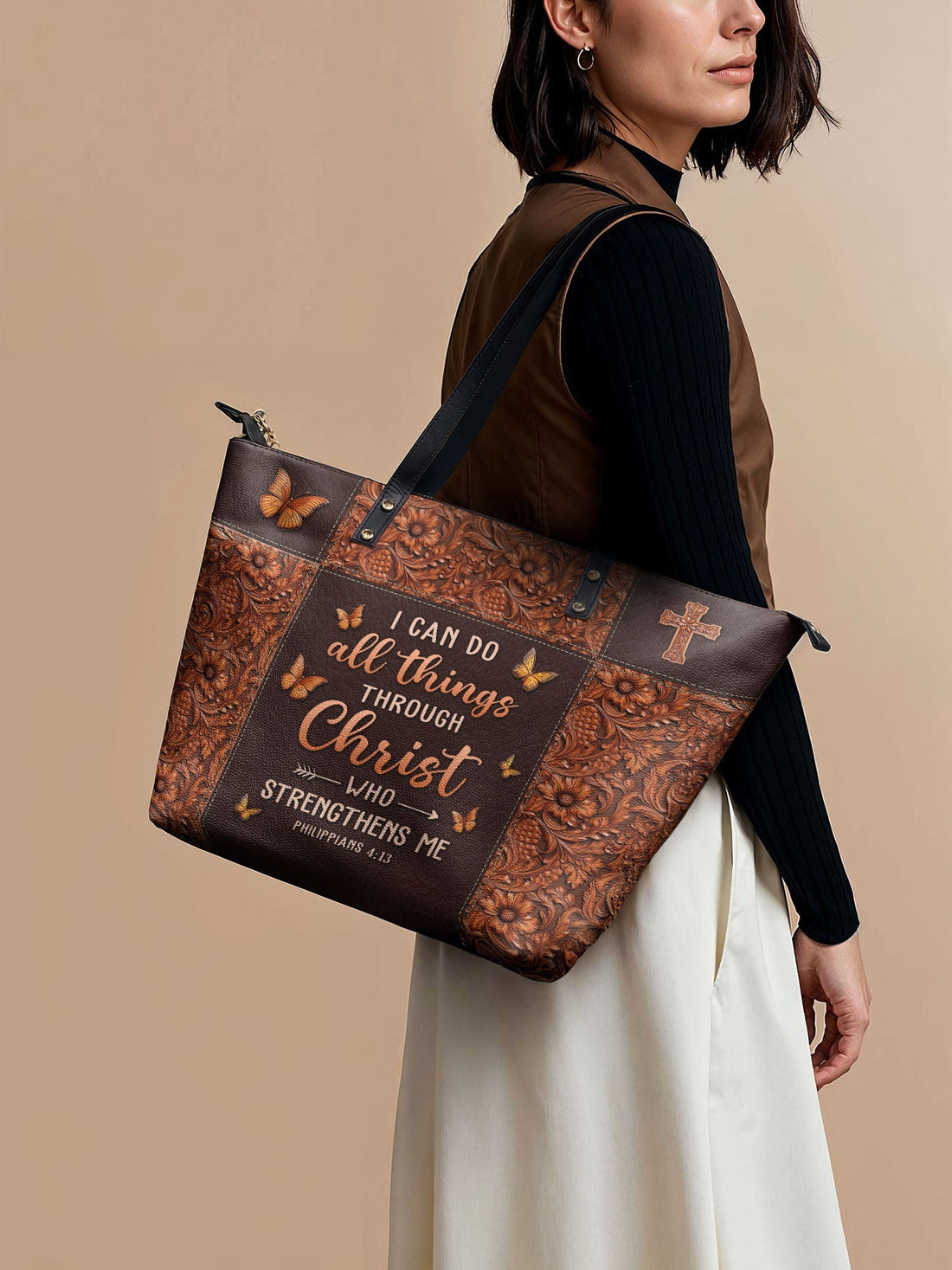 "Believe" - Philippians 4:13 Leather Tote Bag