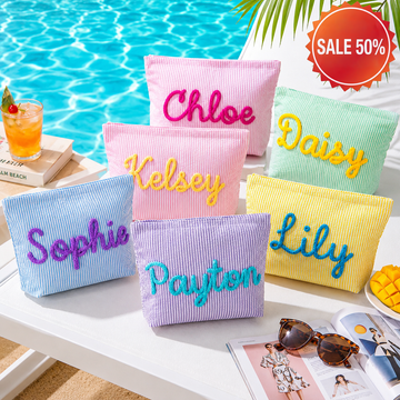 Personalized Seersucker Cosmetic Bag, Custom Name Makeup Pouch, Embroidered Toiletry Bag, Bridesmaid Gift, Travel Organizer for Women